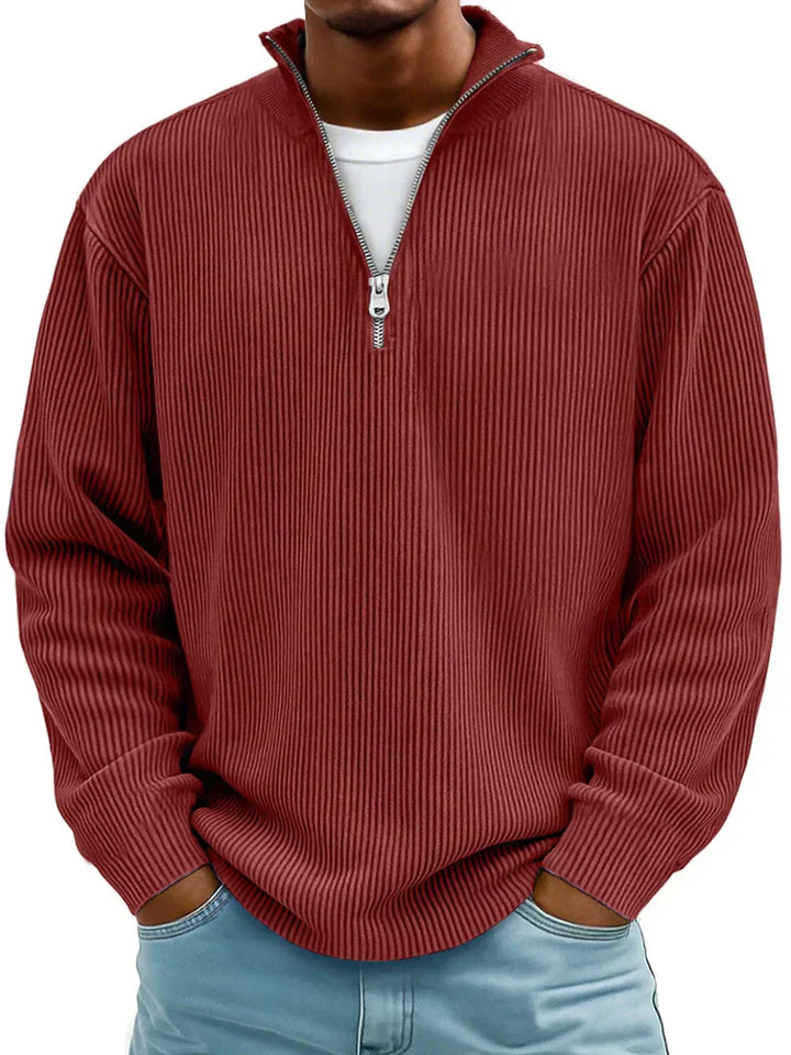Bequemer Herren Langarm-Strickpullover aus Rippstrick mit Halb-Reißverschluss, ideal für Herrenmode und Freizeit.