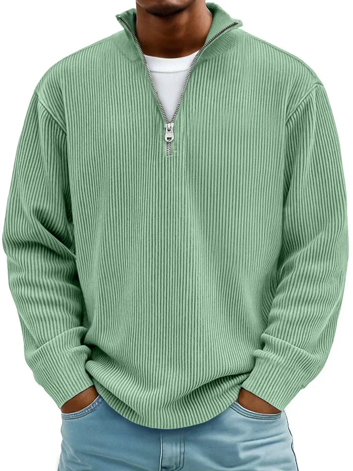 Zeitloser Herren Rippstrick Pullover, langarm und warm, mit praktischem Halb-Reißverschluss für Herbst und Winter.