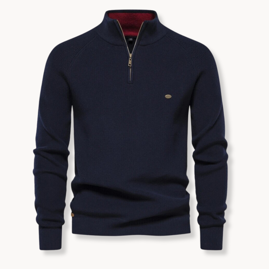 Herren Rippstrickpullover mit Halb-Reißverschluss für Frühling. Modischer, bequemer Herrenpullover für Freizeit & Smart Casual.