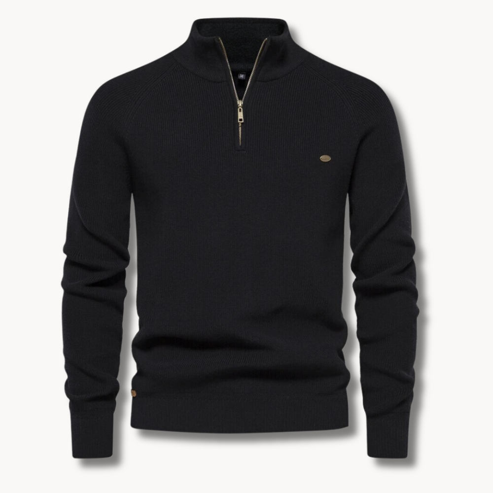 Gerippter Herren Strickpullover mit kurzem Reißverschluss. Ideal für Frühling, modisches Oberteil in Rippstrick-Optik.