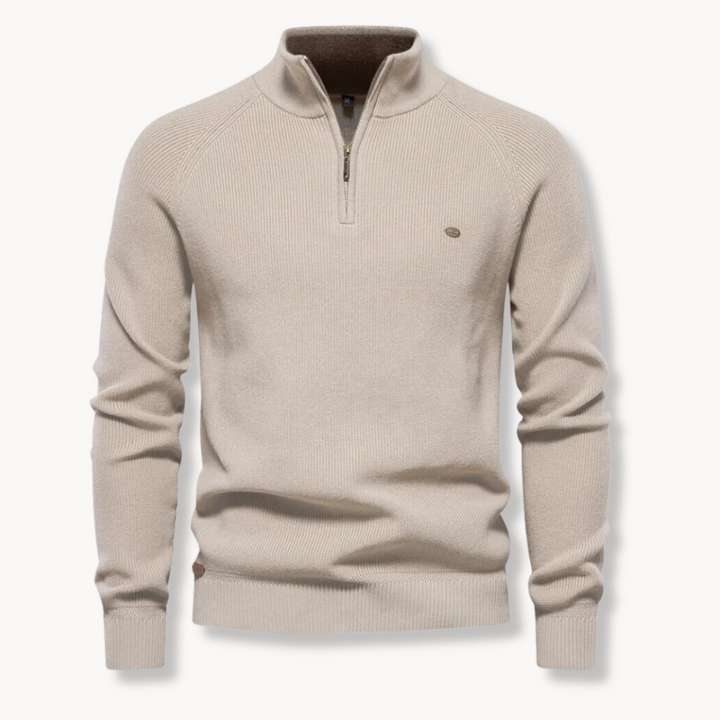 Frühlings-Herrenpullover mit Halb-Zip aus Rippstrick. Eleganter Strickpullover für Freizeit und smarte Outfits.