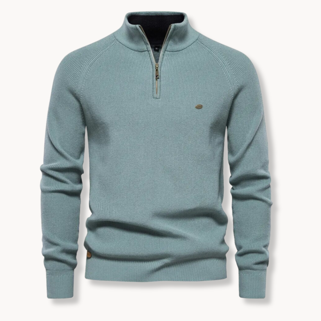Komfortabler Herren Rippstrickpullover mit Halb-Reißverschluss. Zeitloses Männer Oberteil für den Frühling.