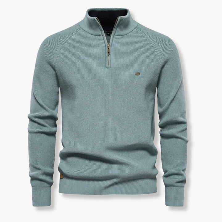Komfortabler Herren Rippstrickpullover mit Halb-Reißverschluss. Zeitloses Männer Oberteil für den Frühling.