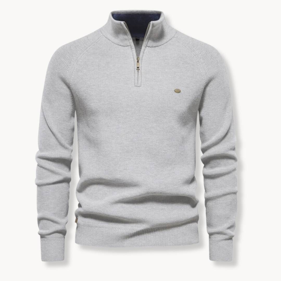 Modischer Herren Strickpullover mit Halb-Reißverschluss. Gerippter Freizeit-Pullover, perfektes Oberteil für Frühling.