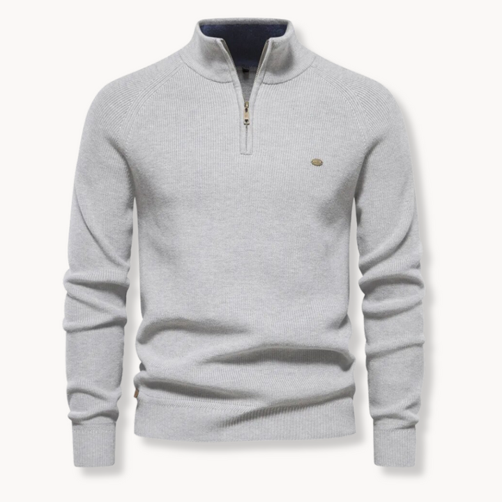 Modischer Herren Strickpullover mit Halb-Reißverschluss. Gerippter Freizeit-Pullover, perfektes Oberteil für Frühling.