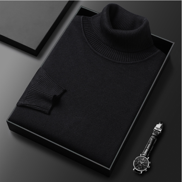Nahaufnahme des Rollkragens am eleganten Herren Winterpullover "Zuri", zeigt Qualität & Komfort.