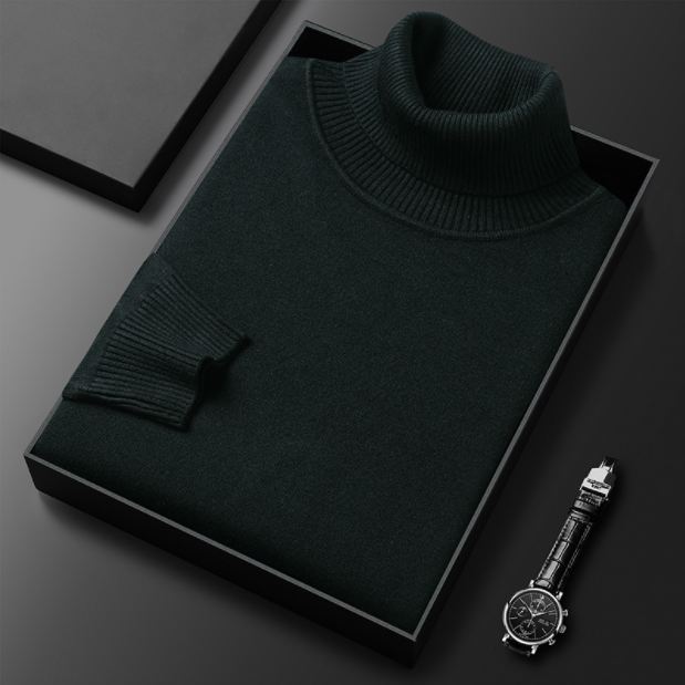 Detailansicht der hochwertigen Strickstruktur des wärmenden Herren Rollkragenpullovers "Zuri" für den Winter.