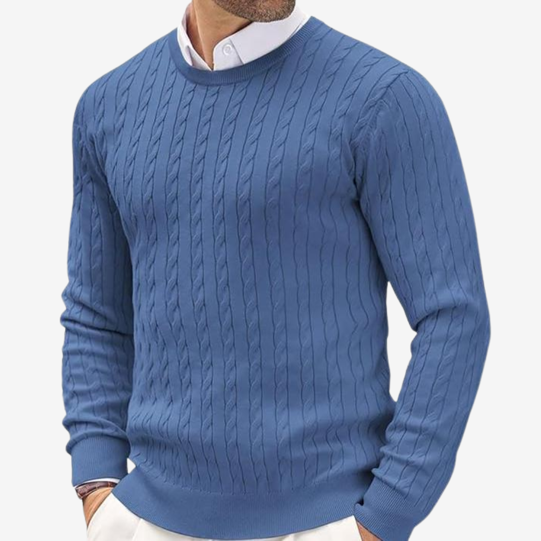 Moderner Herren Zopfmuster Strickpullover mit Rundhals in Beige, bequem und stilvoll für die Frühlingsmode.