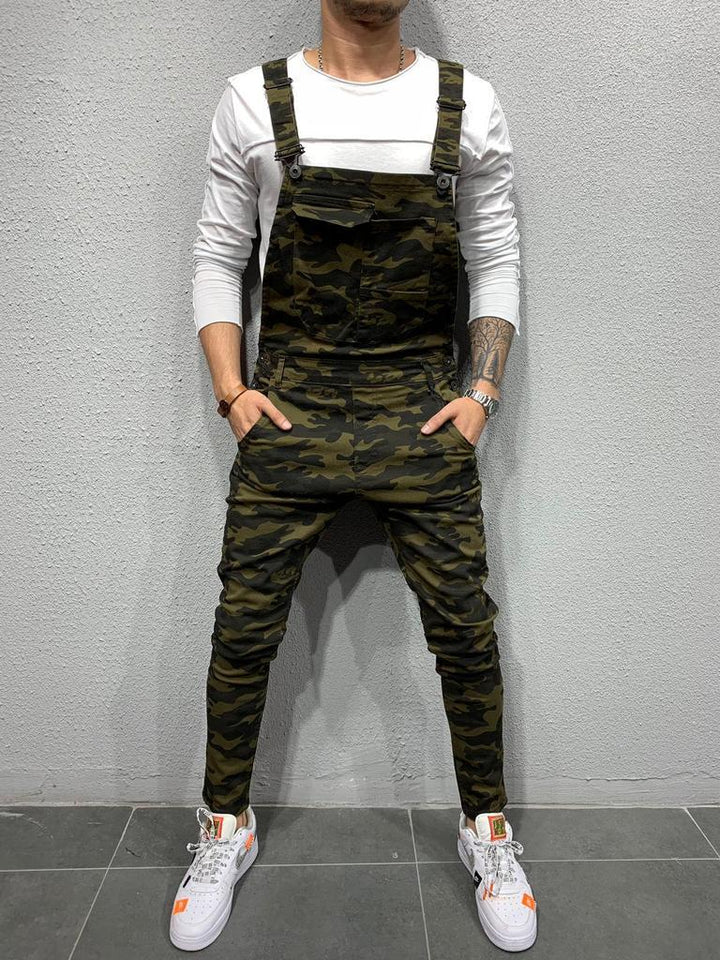 Modischer Herren Jeans Overall, Slim Fit, Streetwear Stil, mit Reißverschluss & Klappentasche Detail.