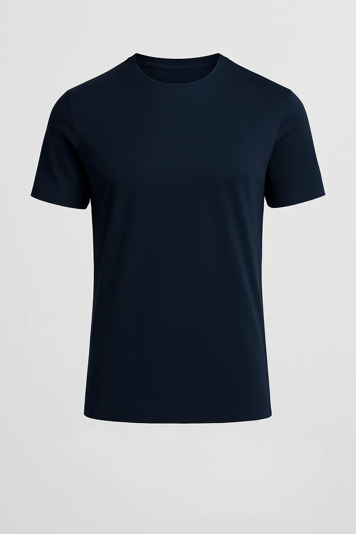 Detailansicht Herren Slim Fit T-Shirt Marineblau. Hochwertiges, figurbetontes T-Shirt für stilvolle Outfits.