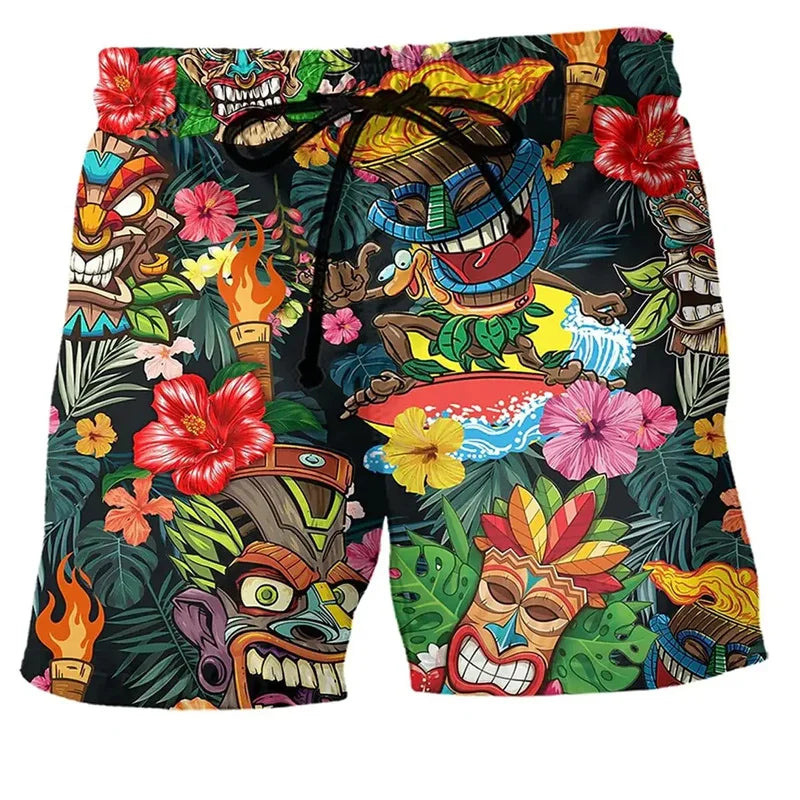 Herren Sommer Badeshorts mit Kordelzug & Cartoon-Prints; bequeme Bademode für Strand und Urlaub.