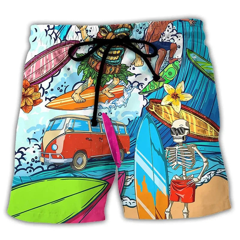 Lässige Herren Badeshorts mit lustigen Cartoon-Motiven; stilvolle Strandmode für sonnige Tage.