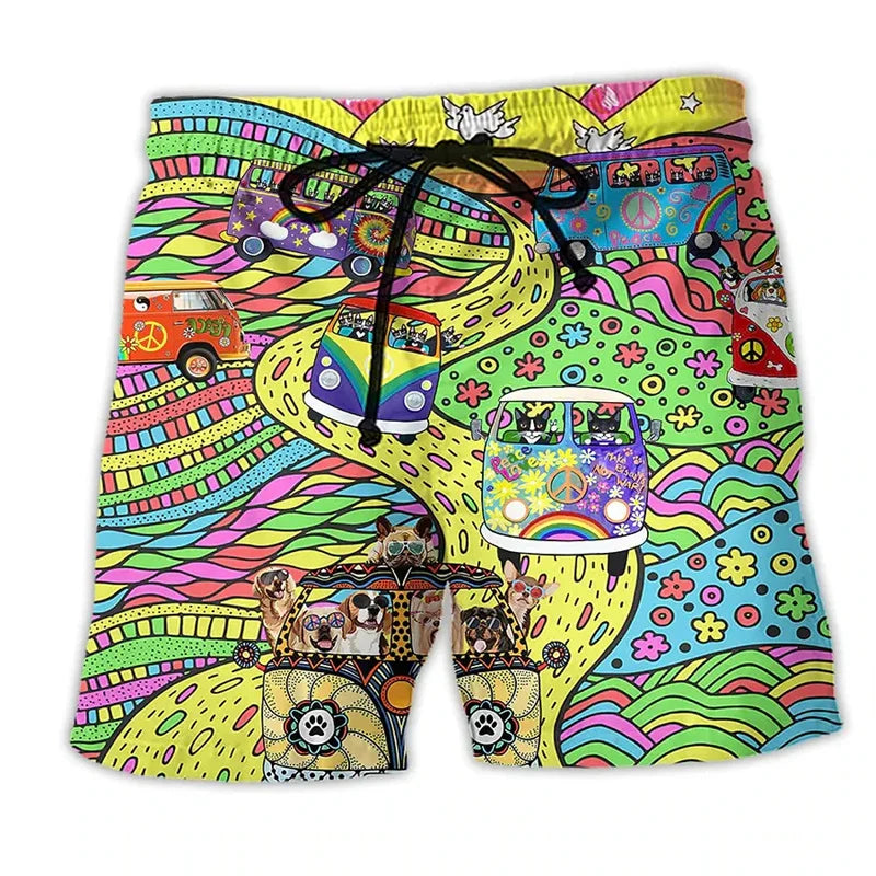 Stylische Herren Badeshorts mit Cartoon-Design; trendige Bademode mit elastischem Bund und Kordelzug.
