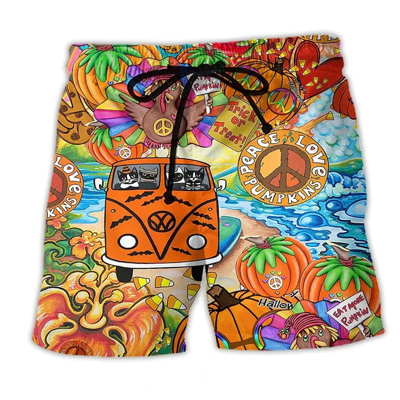Detailansicht der Herren Sommer Badeshorts; Kordelzug und lebhafter Cartoon-Print auf atmungsaktivem Stoff.
