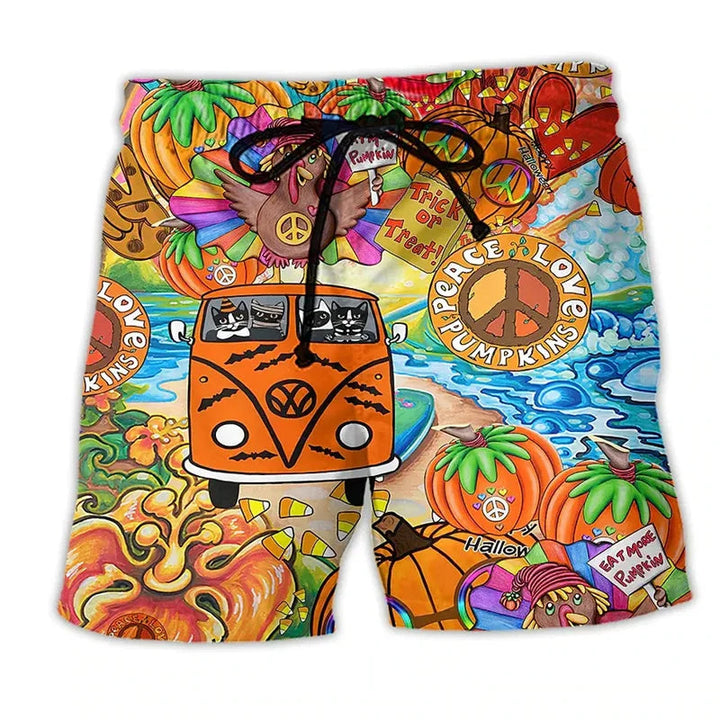 Detailansicht der Herren Sommer Badeshorts; Kordelzug und lebhafter Cartoon-Print auf atmungsaktivem Stoff.