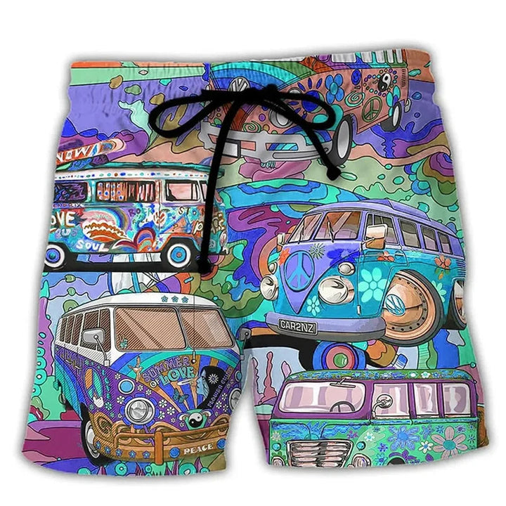 Rückansicht der lässigen Herren Badeshorts, sommerliche Freizeithose mit Cartoon-Prints für entspannte Tage.