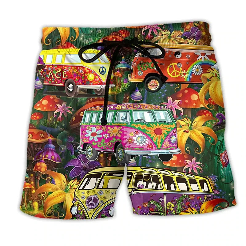Vorderansicht Herren Sommer Badeshorts mit lebhaften Cartoon-Prints; bequeme Strandshorts für sonnige Tage.