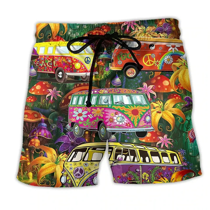 Vorderansicht Herren Sommer Badeshorts mit lebhaften Cartoon-Prints; bequeme Strandshorts für sonnige Tage.