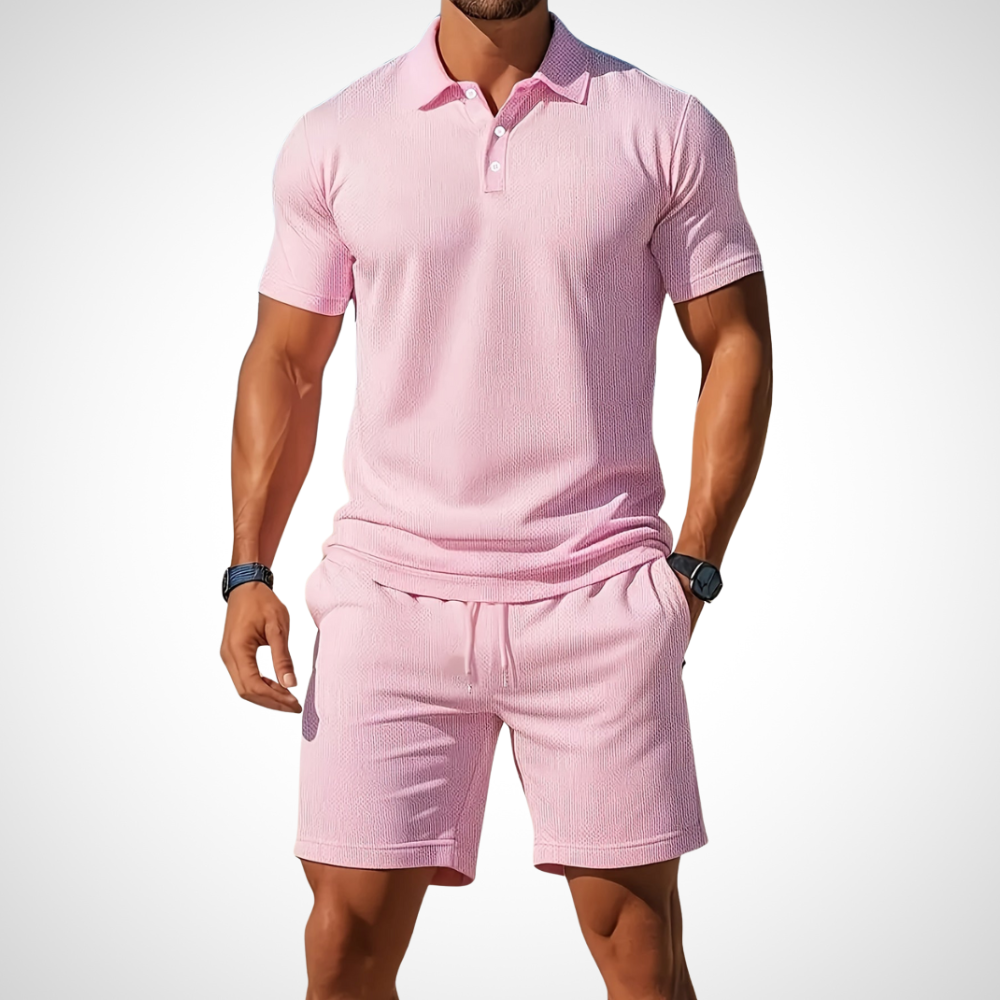 Lässiges Herren Sommer Poloshirt & Shorts Set, atmungsaktiv und bequem für warme Tage.