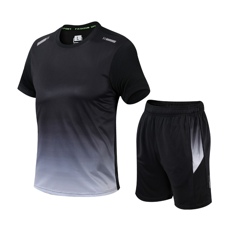 Stylisches Herren Sportset mit Farbverlauf in Blau-Orange, Kurzarm-Shirt und Shorts, Sommer Fitness Kleidung