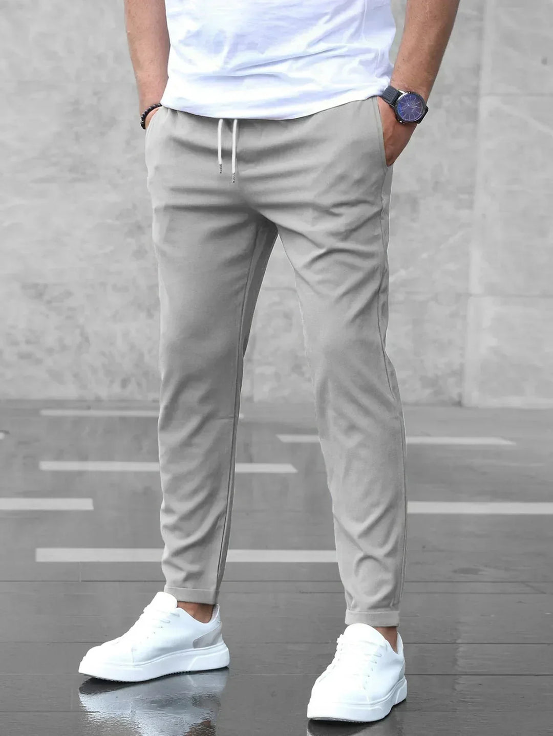 Herren Stretch-Chino Businesshose, schmale Passform, graue Freizeithose, ganzjährig