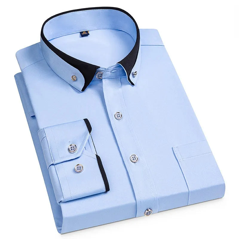 Gefaltetes, knitterfreies Herren Stretchhemd mit Stehkragen. Elegantes Langarmhemd für Business & Freizeit.