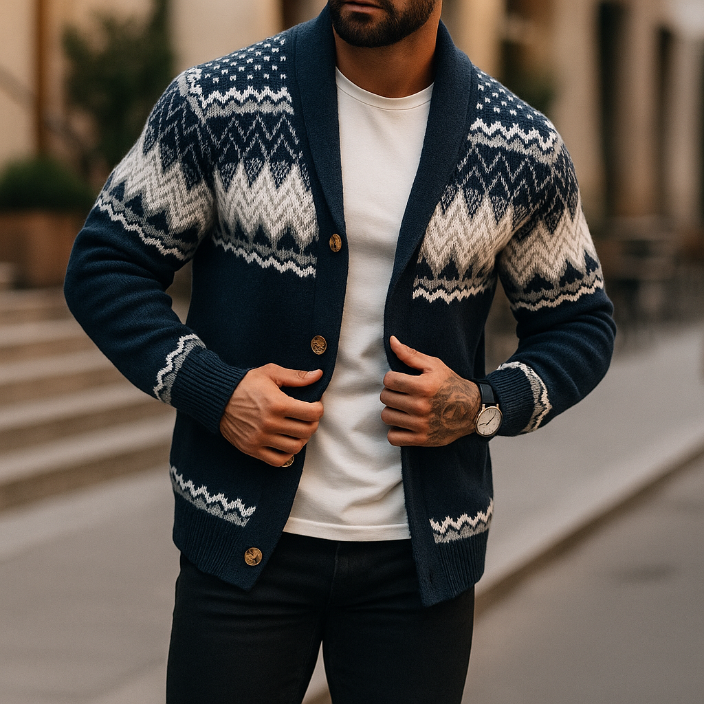 Gemütliche Herren Strickjacke mit Schalkragen und Knopfleiste, perfekt für kalte Tage und Layering.