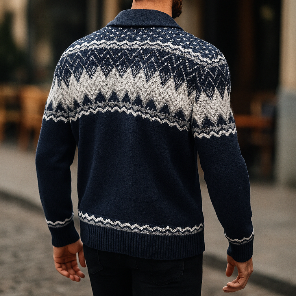 Trendige Herren Strickjacke in Musterstrick mit Schalkragen, vielseitig für Freizeit und elegante Outfits.