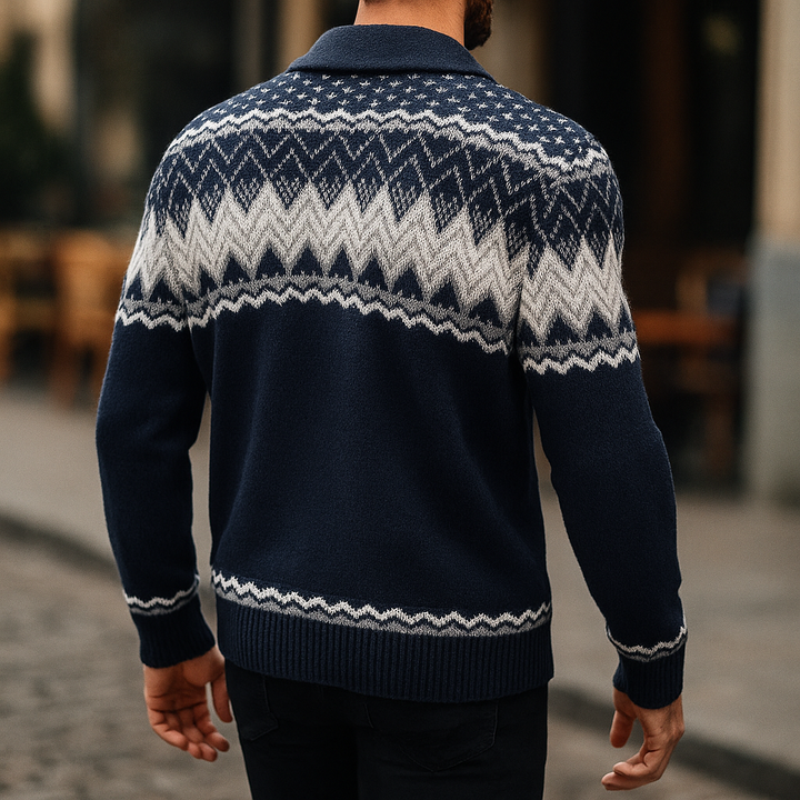 Trendige Herren Strickjacke in Musterstrick mit Schalkragen, vielseitig für Freizeit und elegante Outfits.