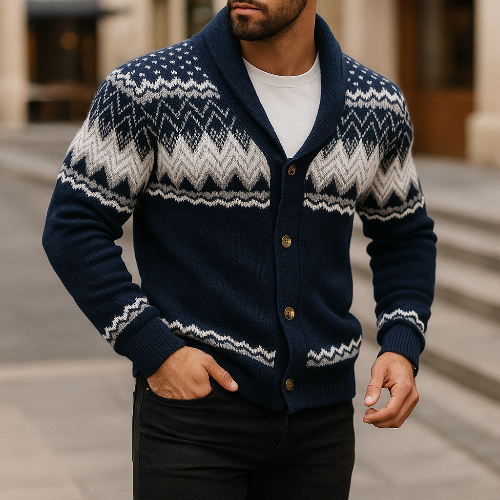 Warme Herren Winterstrickjacke mit Schalkragen, bequem und modisch für kühle Herbst- und Wintertage.