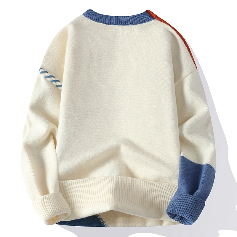 Stylischer Herren Winterpullover aus Strickwaren mit Zopfmuster & Zierstich-Details, Patchwork-Design.
