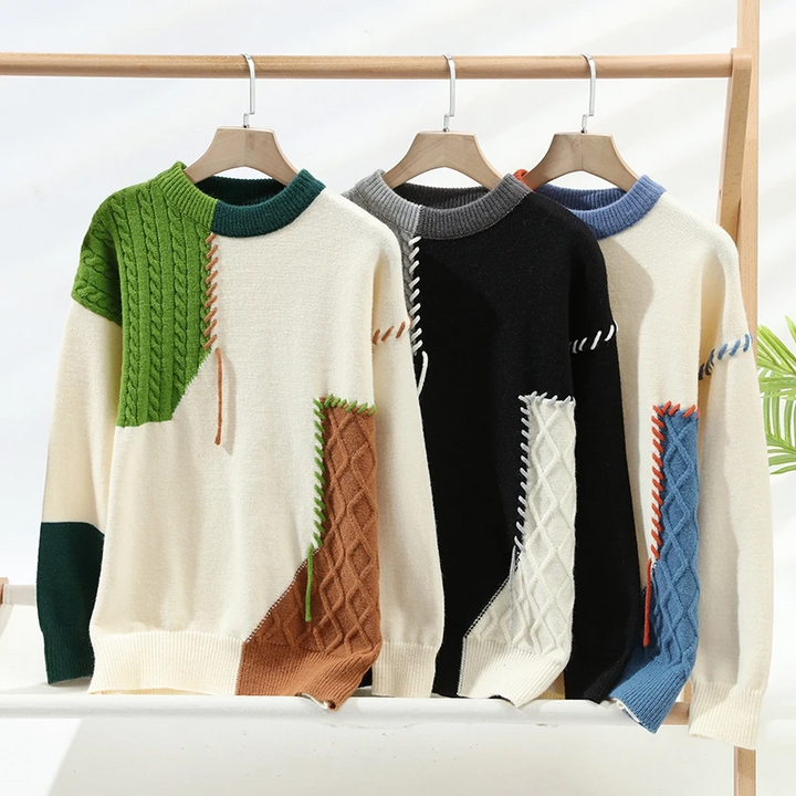 Casual Herren Strickpullover im Patchwork-Design, Farben: Elfenbein, Grün, Dunkelblau; modischer Winterpullover.