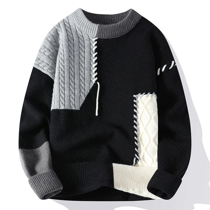 Herren Winterpullover, stilvoll & casual, mit einzigartigem Patchwork-Zopfmuster; Herrenmode für kalte Tage.