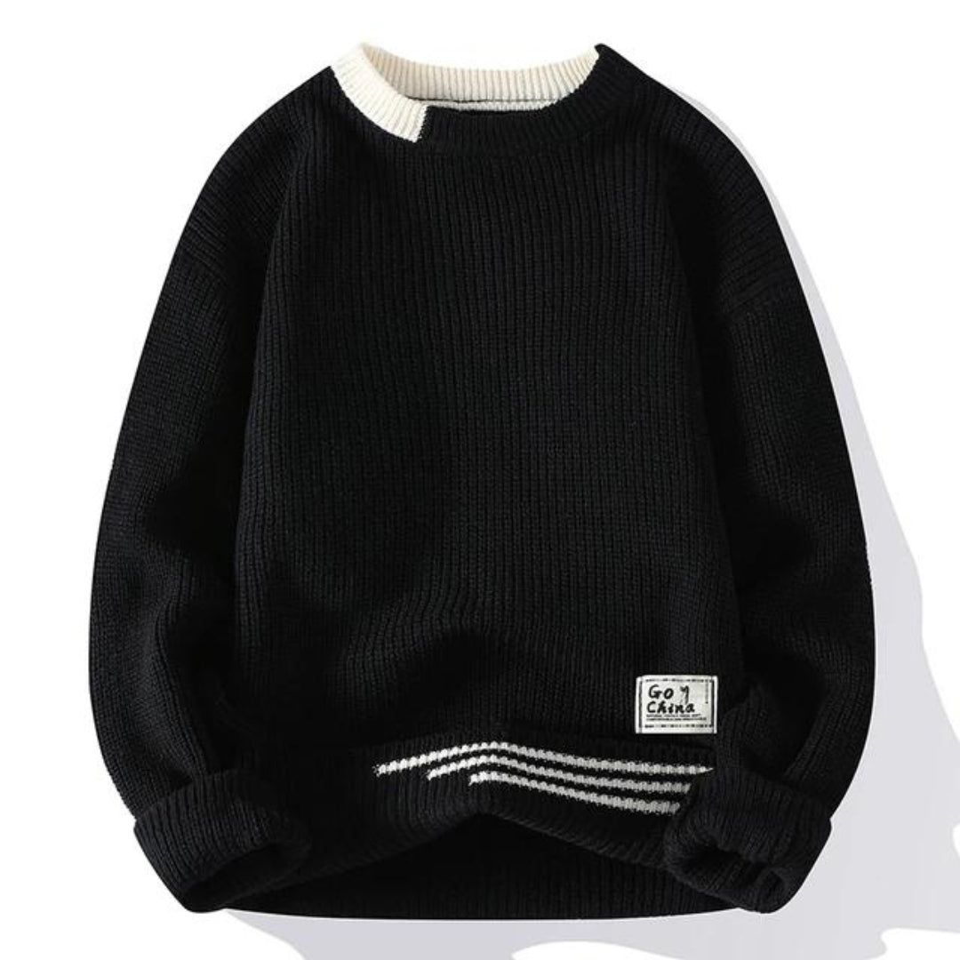 Hochwertiger Herren Strickpullover mit feiner Rippstruktur und Rundhalsausschnitt, perfekt für kalte Wintertage.