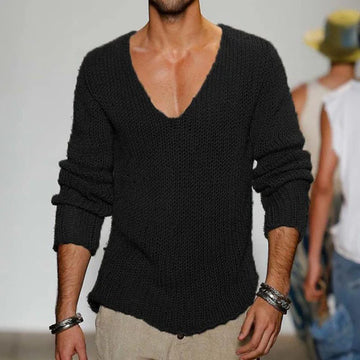 Gestrickter Herrenpullover V-Ausschnitt in Grau, bequemer Relaxed Fit für Freizeit und Herbstmode.