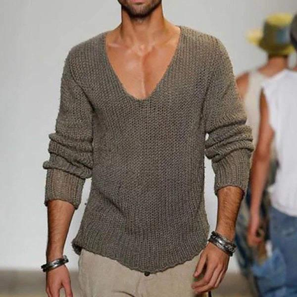 Blauer Herren Strickpullover mit V-Ausschnitt und Langarm, bequemer Relaxed Fit für Herbst & Winter.
