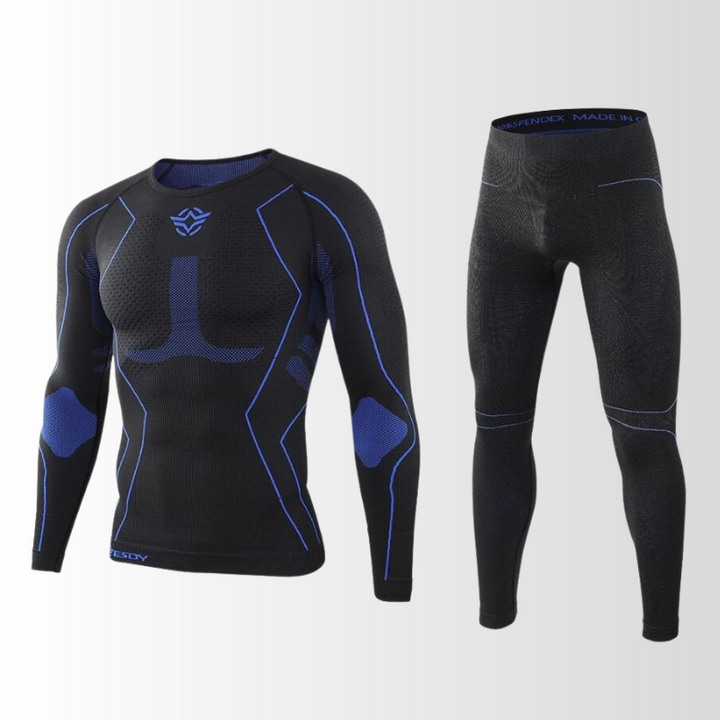 "Herren Thermounterwäsche Set, atmungsaktiv, nahtlos, in Blau, ideal für Outdoor und Sport, wärmeregulierend."