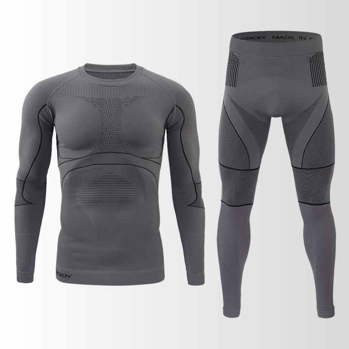 "Herren Thermounterwäsche Set, atmungsaktiv, nahtlos, in Blau, ideal für Outdoor und Sport, wärmeregulierend."