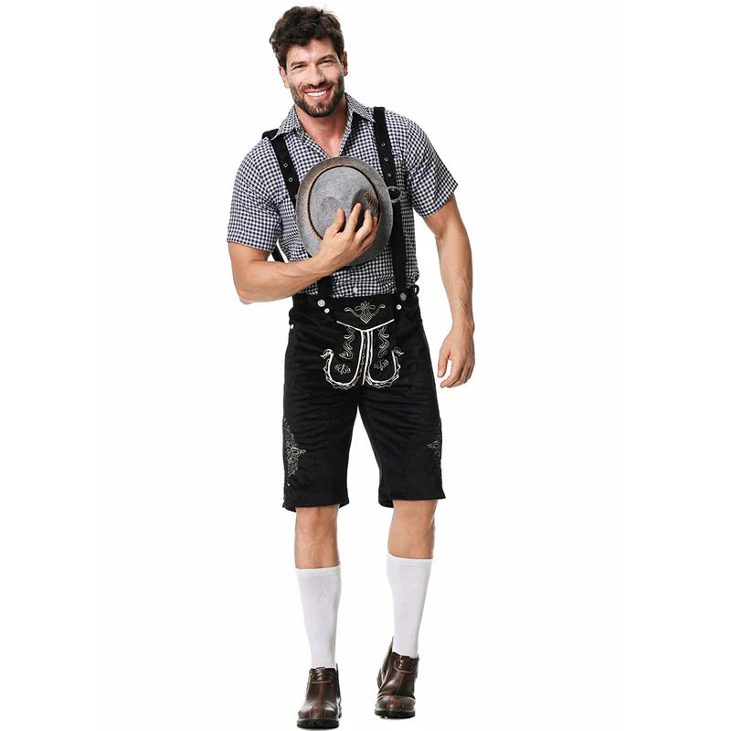 Herren Trachten-Set für Oktoberfest: Bestickte Lederhose, kariertes Hemd, traditionell, bayerische Mode für Feste.