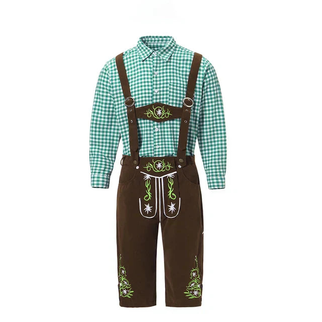 Traditionelles Herren Oktoberfest Outfit: Kariertes Hemd & detailreich bestickte Trachtenhose, bayerische Mode.