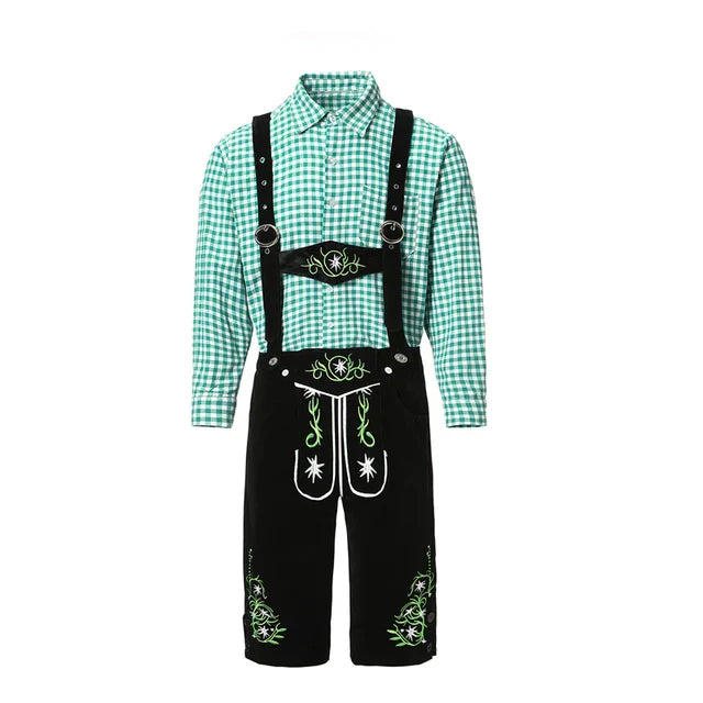 Rückenansicht des Herren Trachten-Sets mit Lederhose und kariertem Hemd, traditionelle Trachtenmode für Männer.