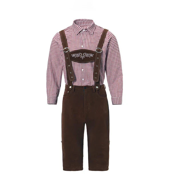 Blau-weißes Herren Trachten-Set mit bestickter Hose & kariertem Hemd, ideales Outfit für Oktoberfest.