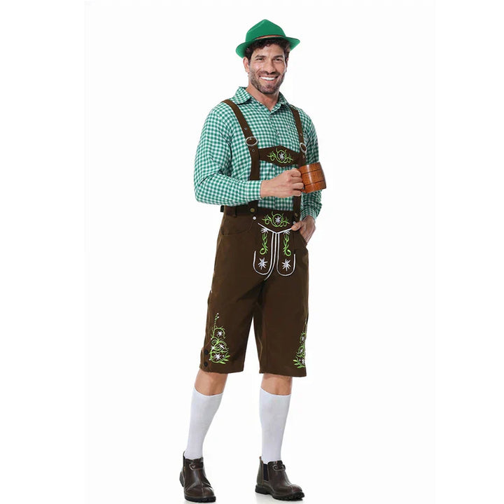 Festliches Herren Trachten-Set mit bestickter Hose und kariertem Hemd für Volksfeste, traditionelle Trachtenmode.