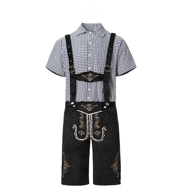 Kompletter Herren Trachten-Look: Bestickte Kniebundhose & kariertes Trachtenhemd, perfektes Oktoberfest Outfit.