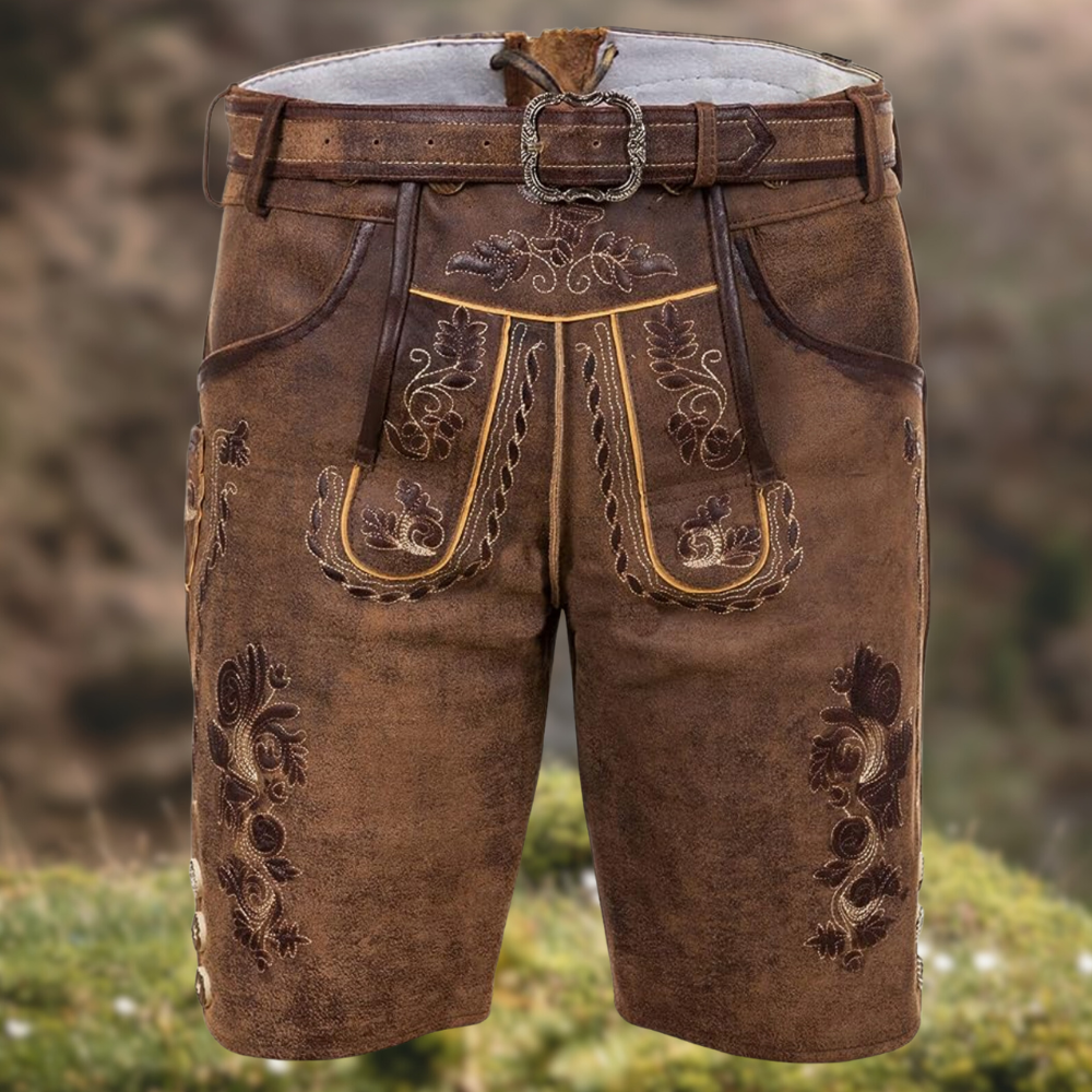 Herren Trachtenhose klassisch braun mit traditioneller Stickerei, ideal für Oktoberfest-Festlichkeiten.