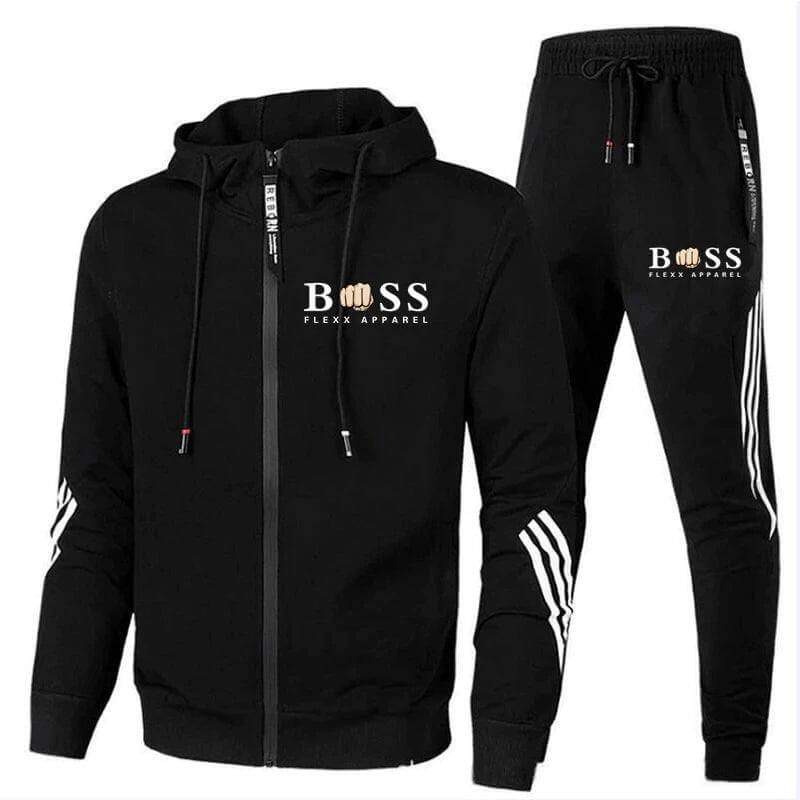 Eleganter Herren Trainingsanzug als Activewear: Slim-Fit-Jogginghose und passende Reißverschlussjacke für Sportmode.