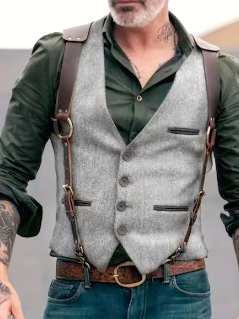 Retro Herrenweste mit V-Ausschnitt. Eine elegante Wende-Weste für schicke Freizeitmode und Business Casual Outfits.