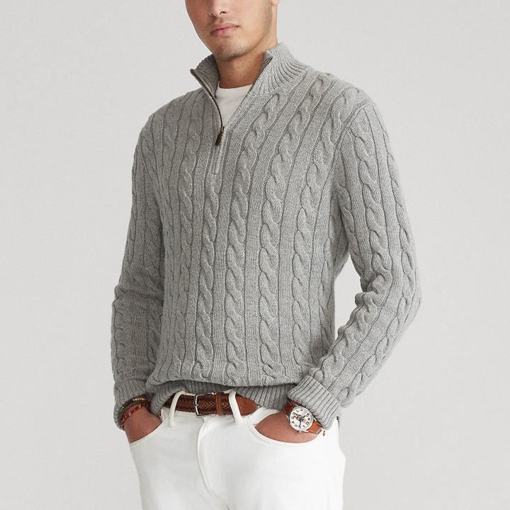 Herren Viertelzip Strickpullover Zopfmuster in Grau, elegant und bequem für den Frühling.