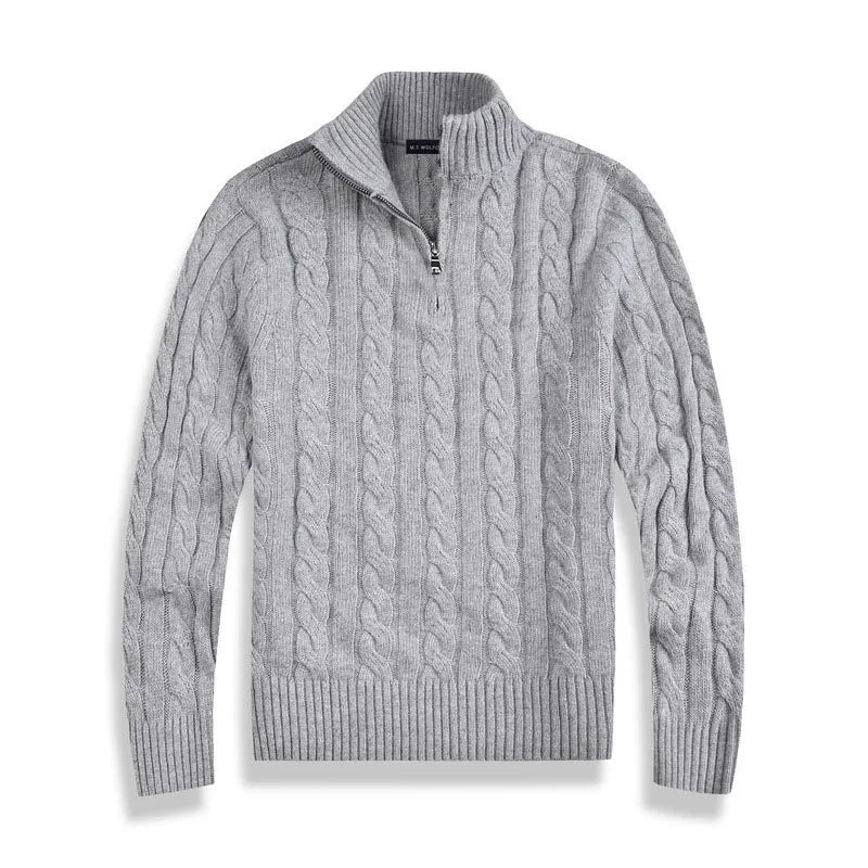 Eleganter Herren Strickpullover Zopfmuster Viertelzip, ideal für Business Casual Outfits im Frühling.