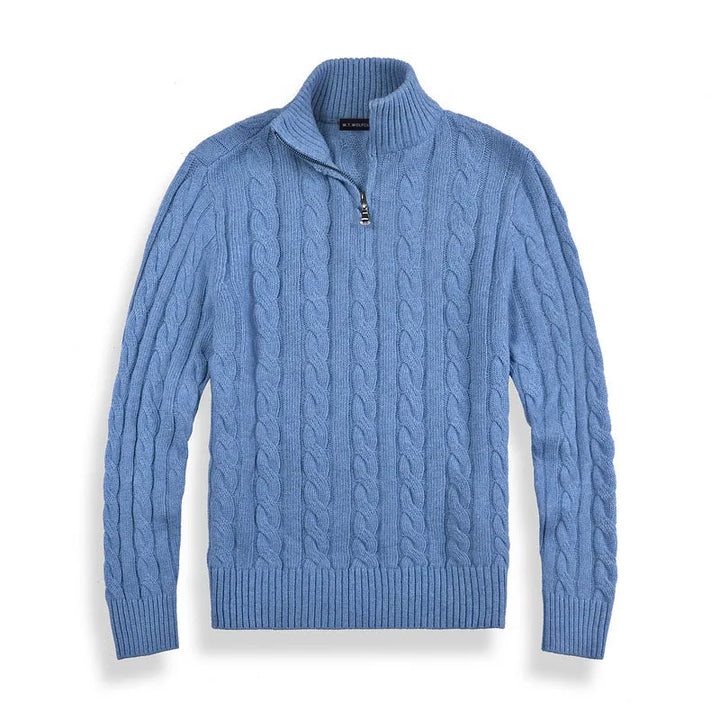 Blauer Herren Viertelzip Strickpullover Zopfmuster, stylisches und bequemes Langarm-Oberteil.